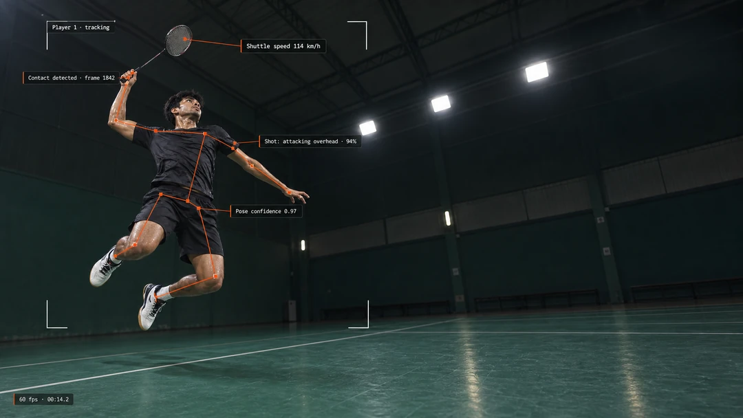 Badminton player mid-jump with Kreeda's analysis drawn on the frame: pose tracking, contact detection, shot type and shuttle speed