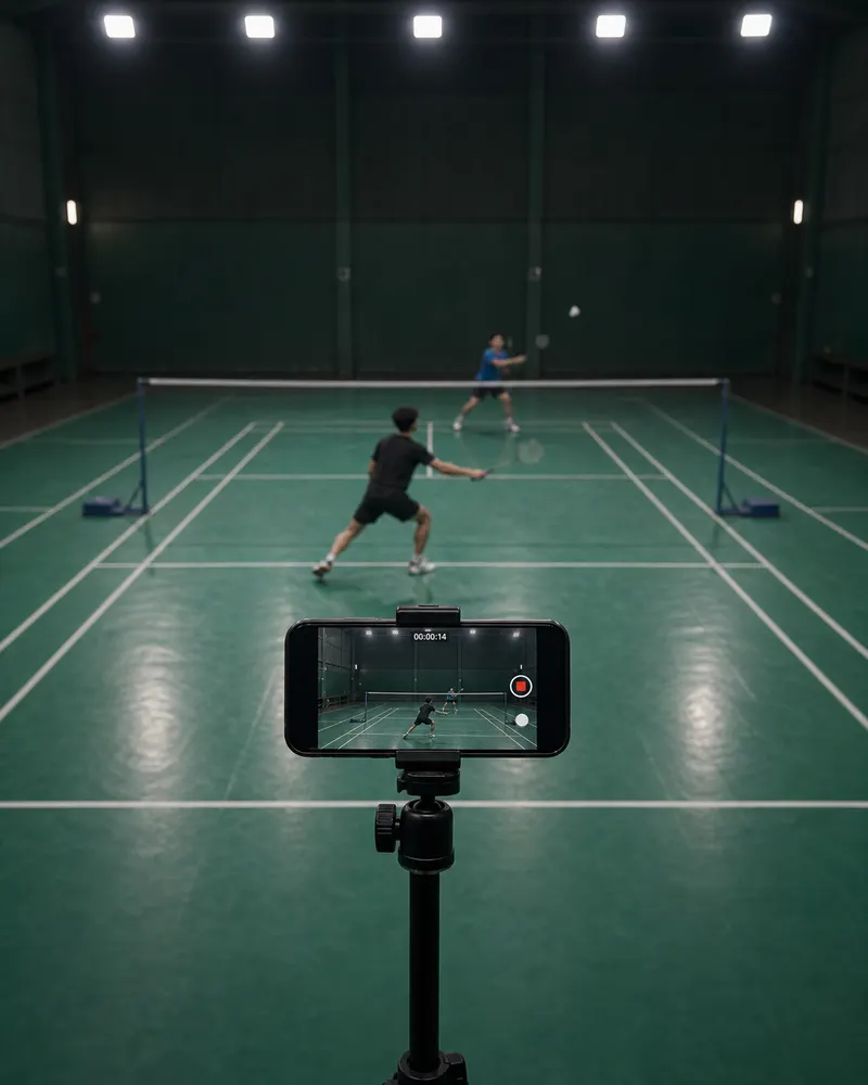 Phone on a tripod behind a badminton court, recording two players mid-rally in a dim indoor hall