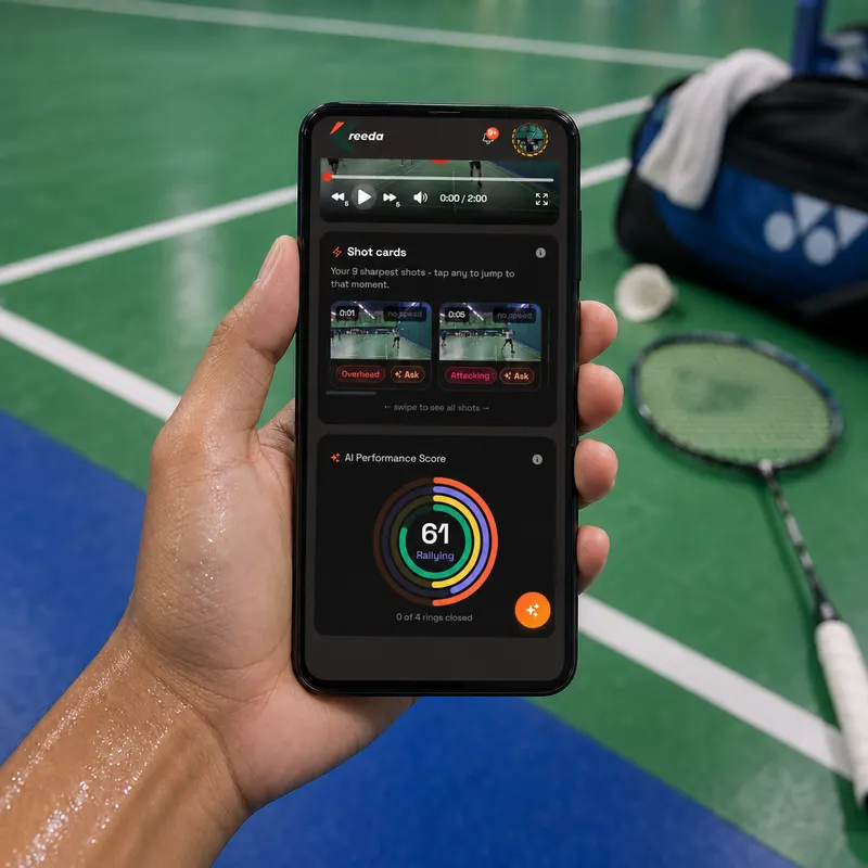 Hand holding a phone showing Kreeda shot cards and a score of 61, with a racket, shuttle and kit bag on court