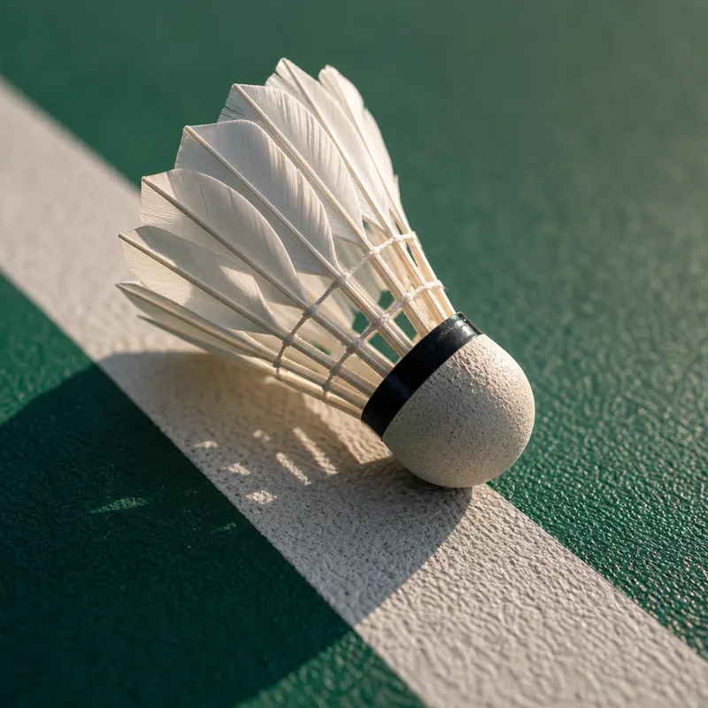 Close-up of a white feather shuttle lying on the edge of a white line on a green court