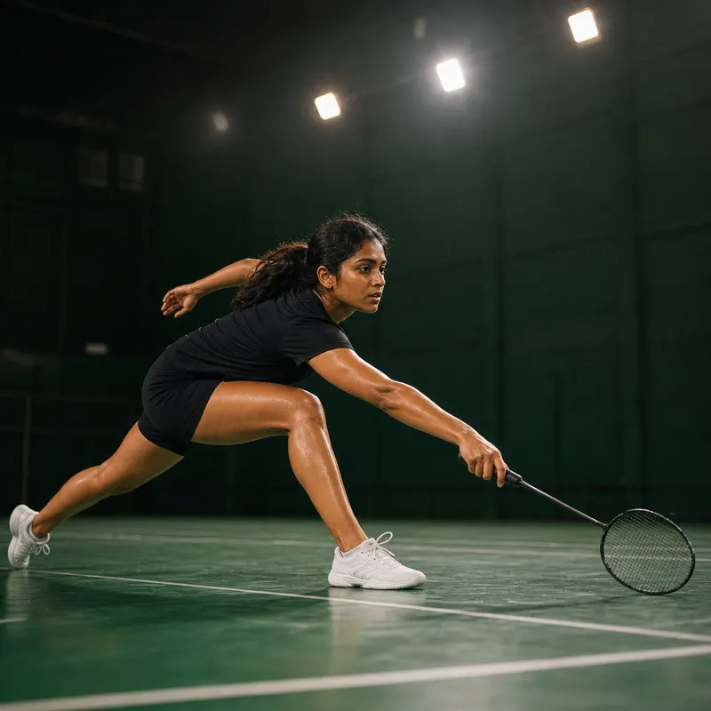 Woman in black sportswear lunges low on a green badminton court, racket reaching toward the floor