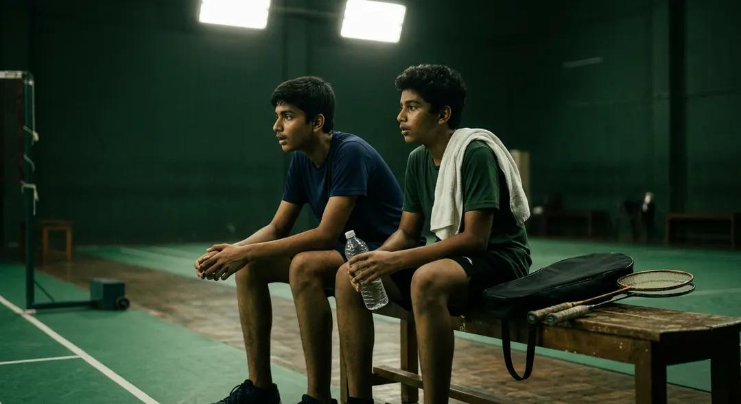 Two teenage boys sit on a wooden bench in an indoor sports hall, looking off to the left
